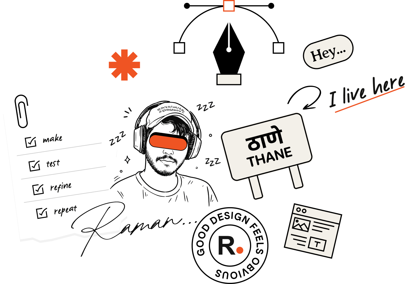 Raman surrounded by hand-drawn design notes and tools