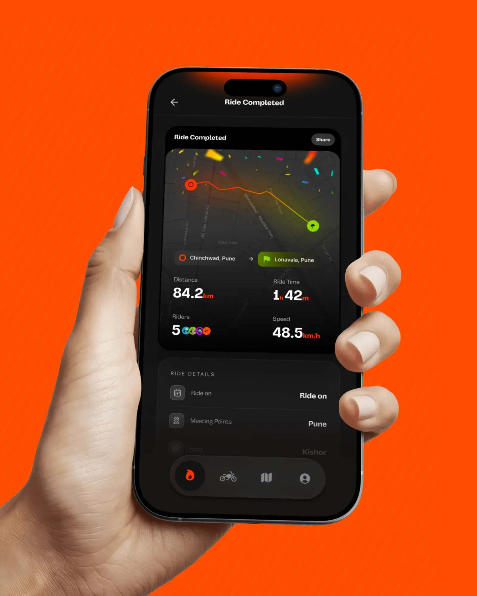 Gear6 motorcycle app screens showing rider discovery, ride planning and community features