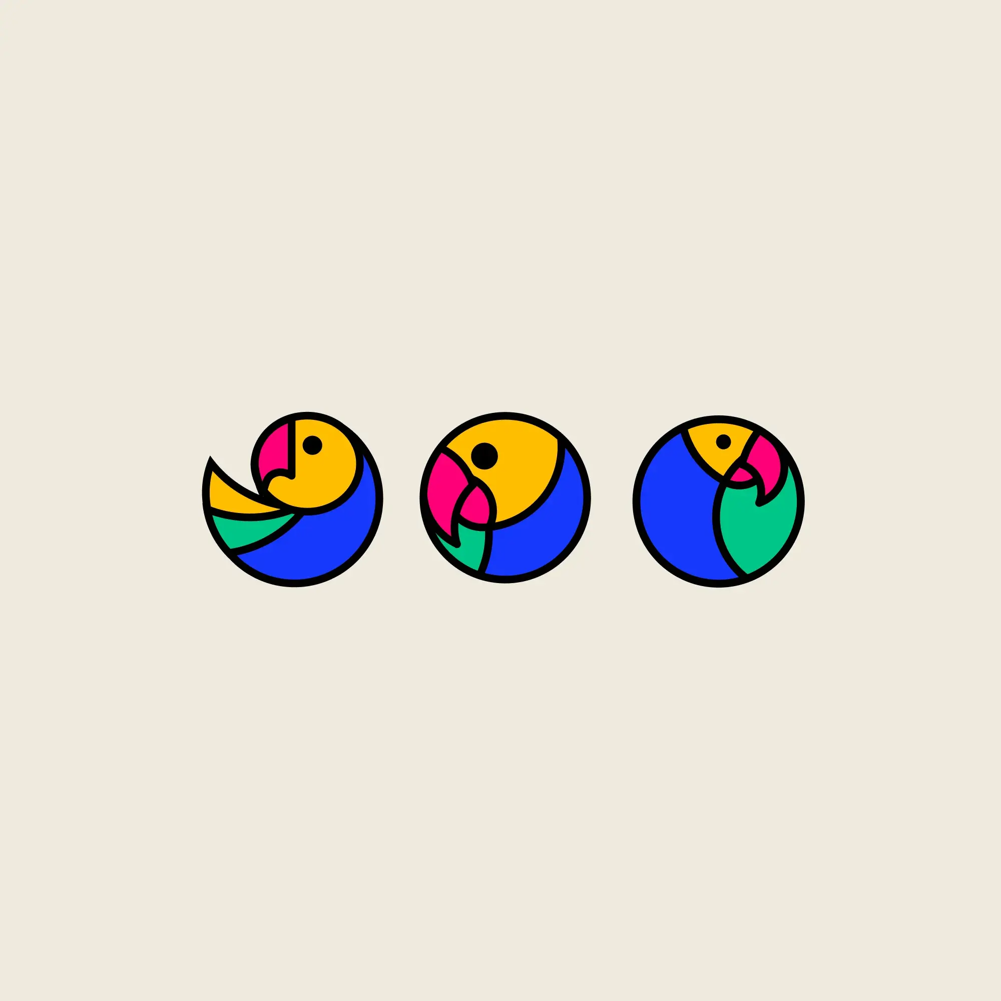 Three colorful geometric bird icon explorations