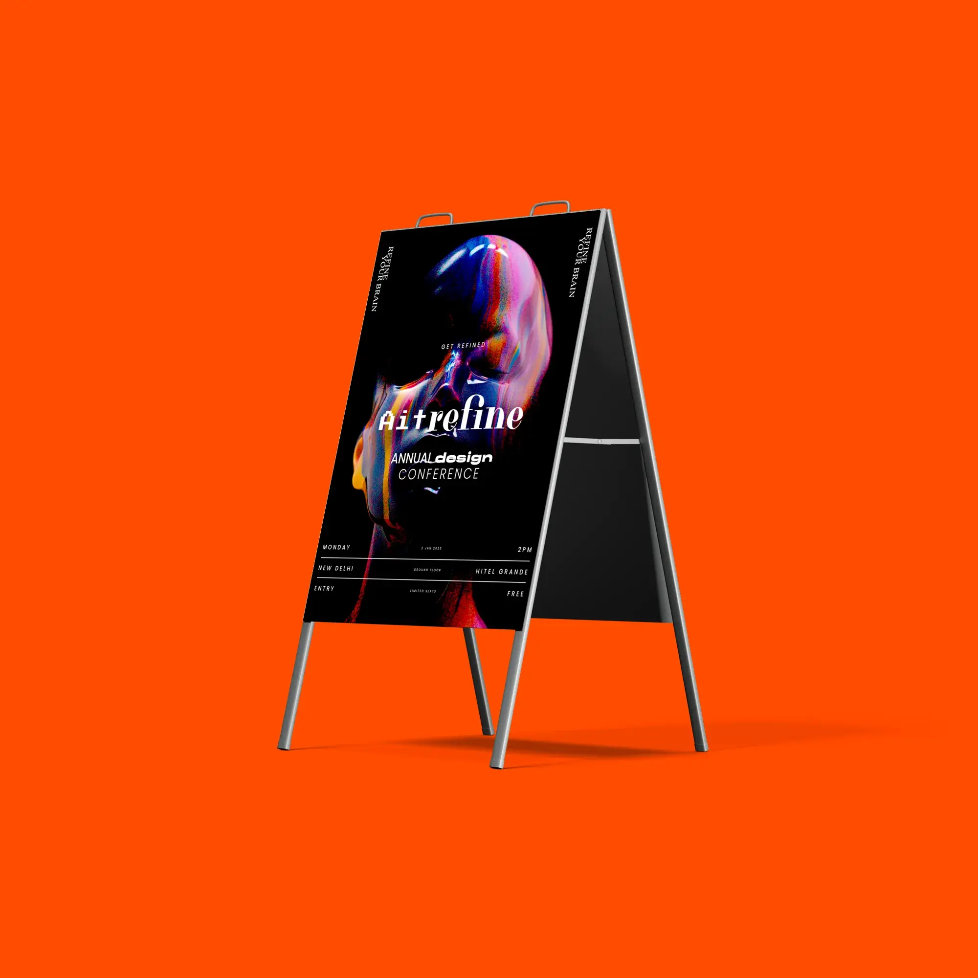 Experimental AI Refine design conference poster displayed on an A-frame sign