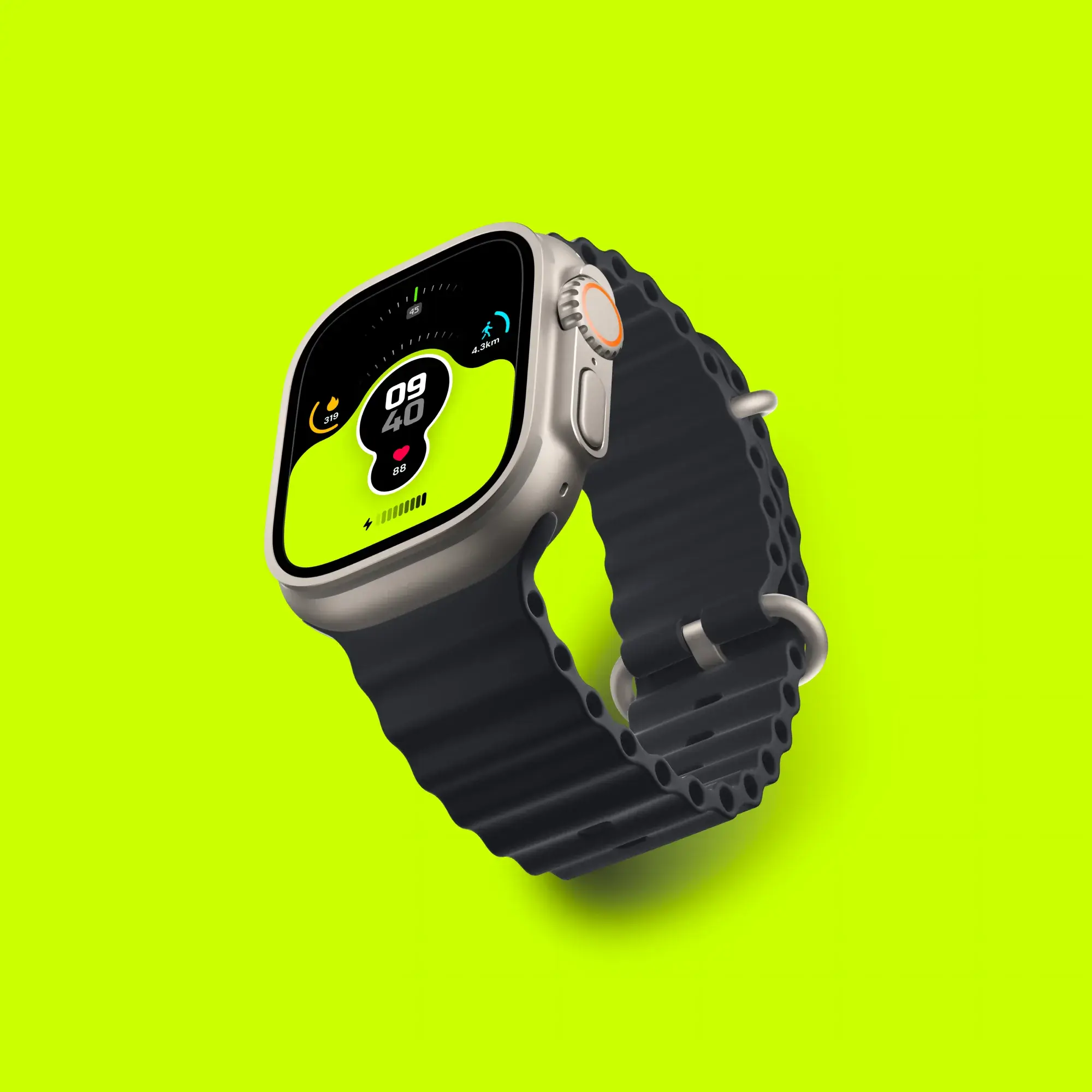Experimental smartwatch interface and watch face concept on a lime background